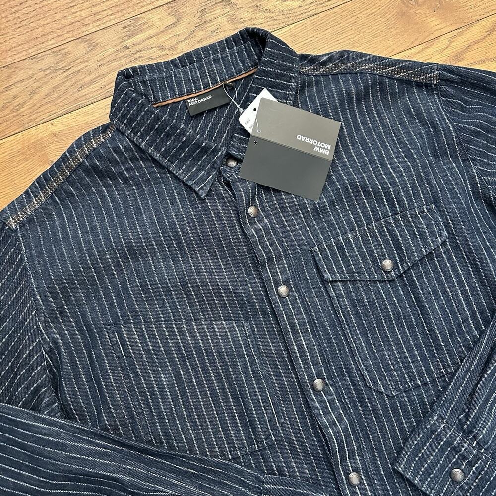 NEW BMW Motorrad Denim Pinstripe Racing Riding Snap Button Up Shirt 3XL - Picture 2 of 7